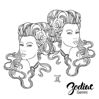 Zodiac. Vector illustration of Gemini as girl with flowers.