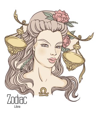 Zodiac. Vector illustration of Libra as girl with flowers.
