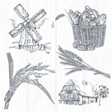 Hand drawn bakery set. Illustration windmill, wheat, farm house 