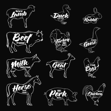 Farm animals icon set. Butchery logo and label collection.