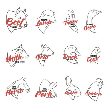Farm animal head icon set. Butchery logo and label collection.