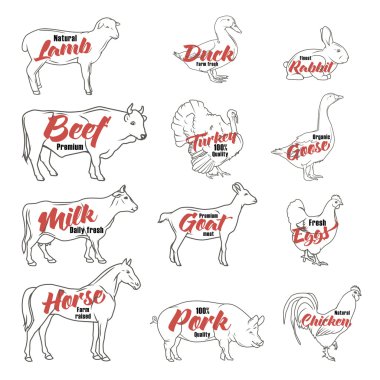 Farm animals icon set. Butchery logo and label collection. Vector
