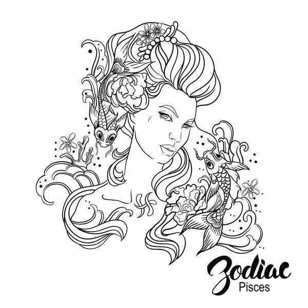 Zodiac. Vector illustration of Pisces as girl with flowers. — Stok Vektör
