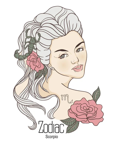 Zodiac. Vector illustration of Scorpio as girl with flowers. — Stockvector