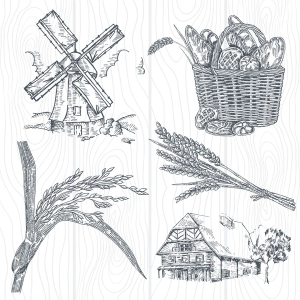 Handgezeichnetes Backset. Illustration Windmühle, Weizen, Bauernhaus — Stockvektor