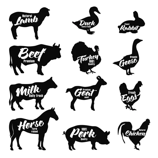 Набір значків для тварин ферми. Колекція логотипів та етикеток для м'ясників . — стоковий вектор