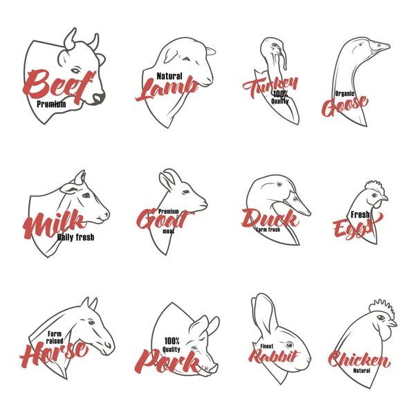 Набір значків голови тварин ферми. Колекція логотипів та етикеток для м'ясників . — стоковий вектор