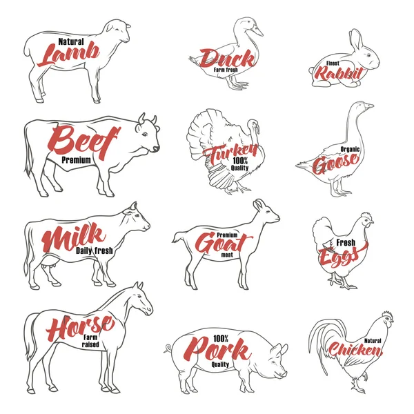 Ensemble d'icônes animaux de ferme. Logo de boucherie et collection d'étiquettes. Vecteur — Image vectorielle