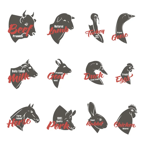 Çiftlik hayvan başları Icon set. Kasaplık logo ve etiket koleksiyonu. 