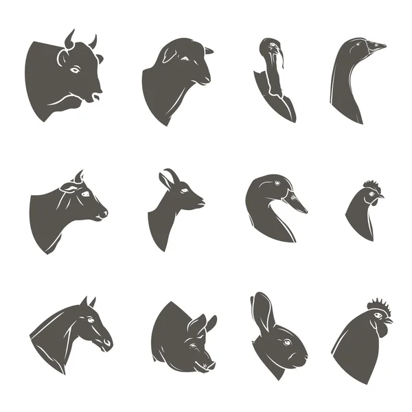 Cabezas de animales de granja icono conjunto. Logotipo de carnicería y colección de etiquetas . — Vector de stock