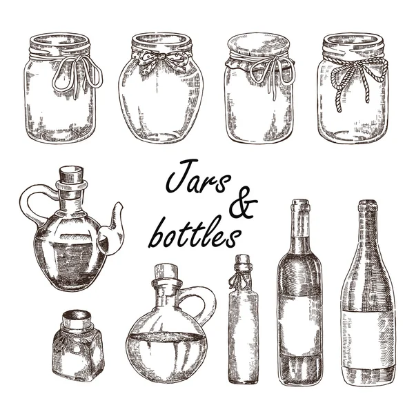 Pots et bouteilles dessinés à la main. Illustration vectorielle dans le style croquis — Image vectorielle