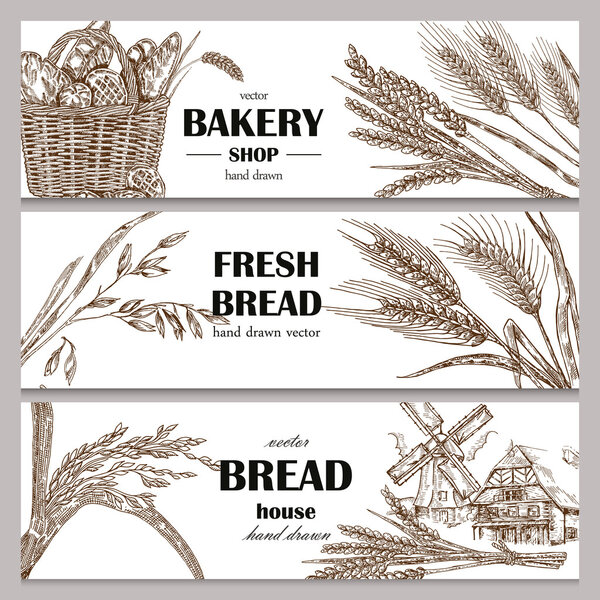 Hand drawn bread horizontal banners. Banner set. Vector