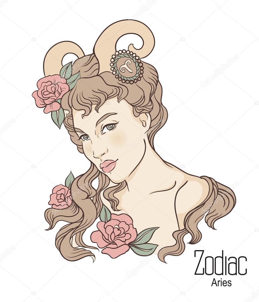 Zodiac. Vector illustration of Aries as girl with flowers.