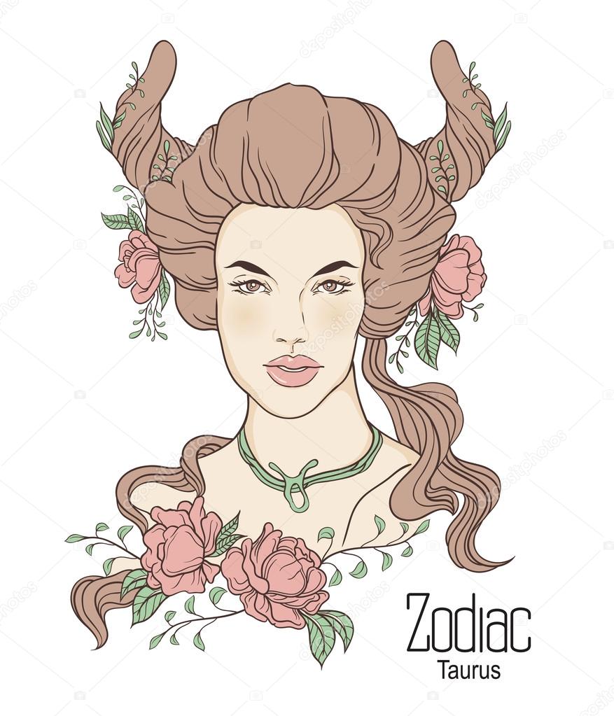Zodiac. Vector illustration of Taurus as girl with flowers.