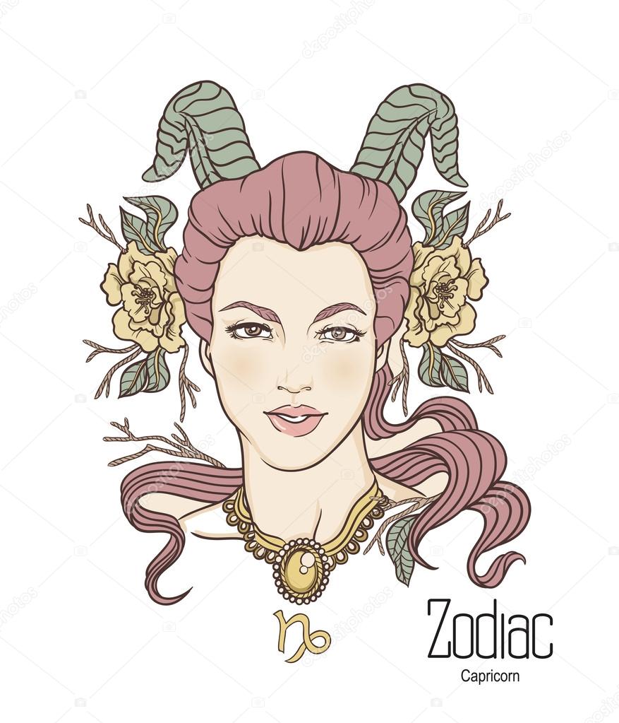 Zodiac. Vector illustration of Capricorn as girl with flowers.