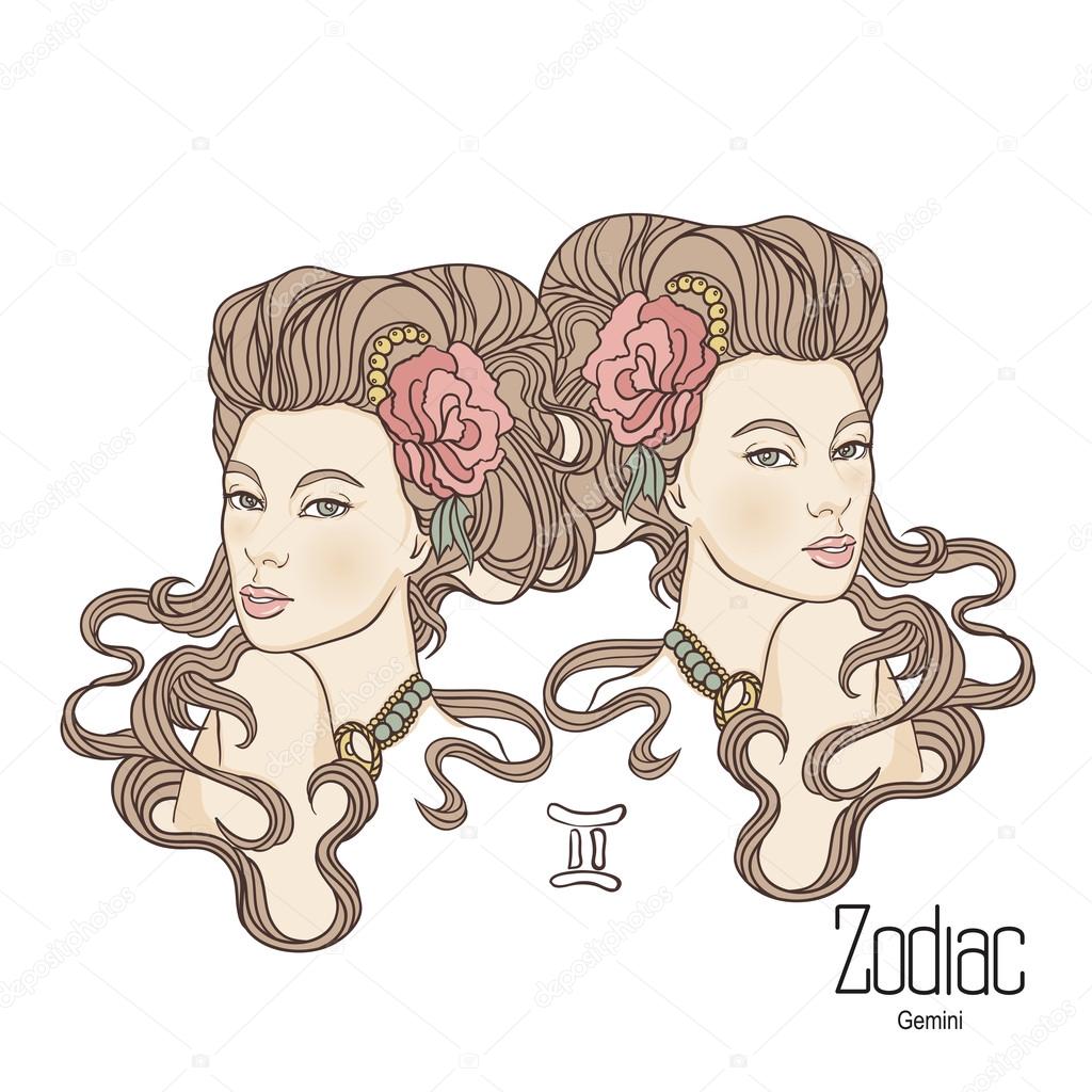 Zodiac. Vector illustration of Gemini as girl with flowers.