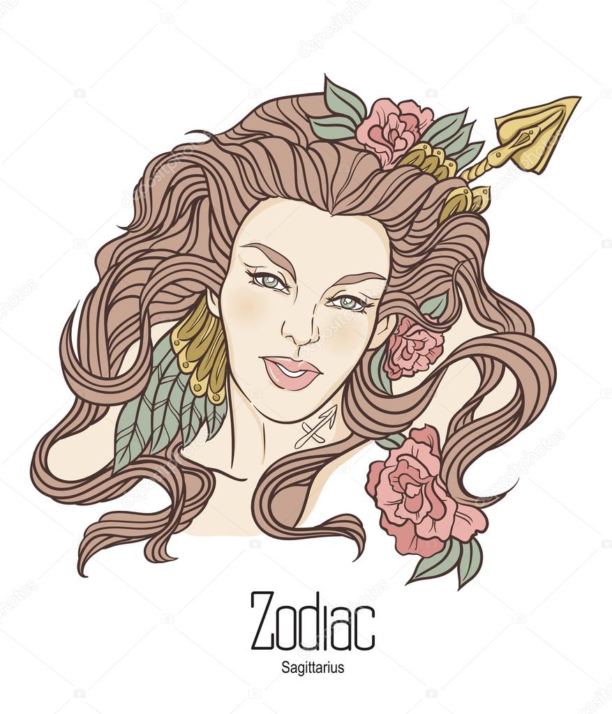 Zodiac. Vector illustration of Sagittarius as girl with flowers.