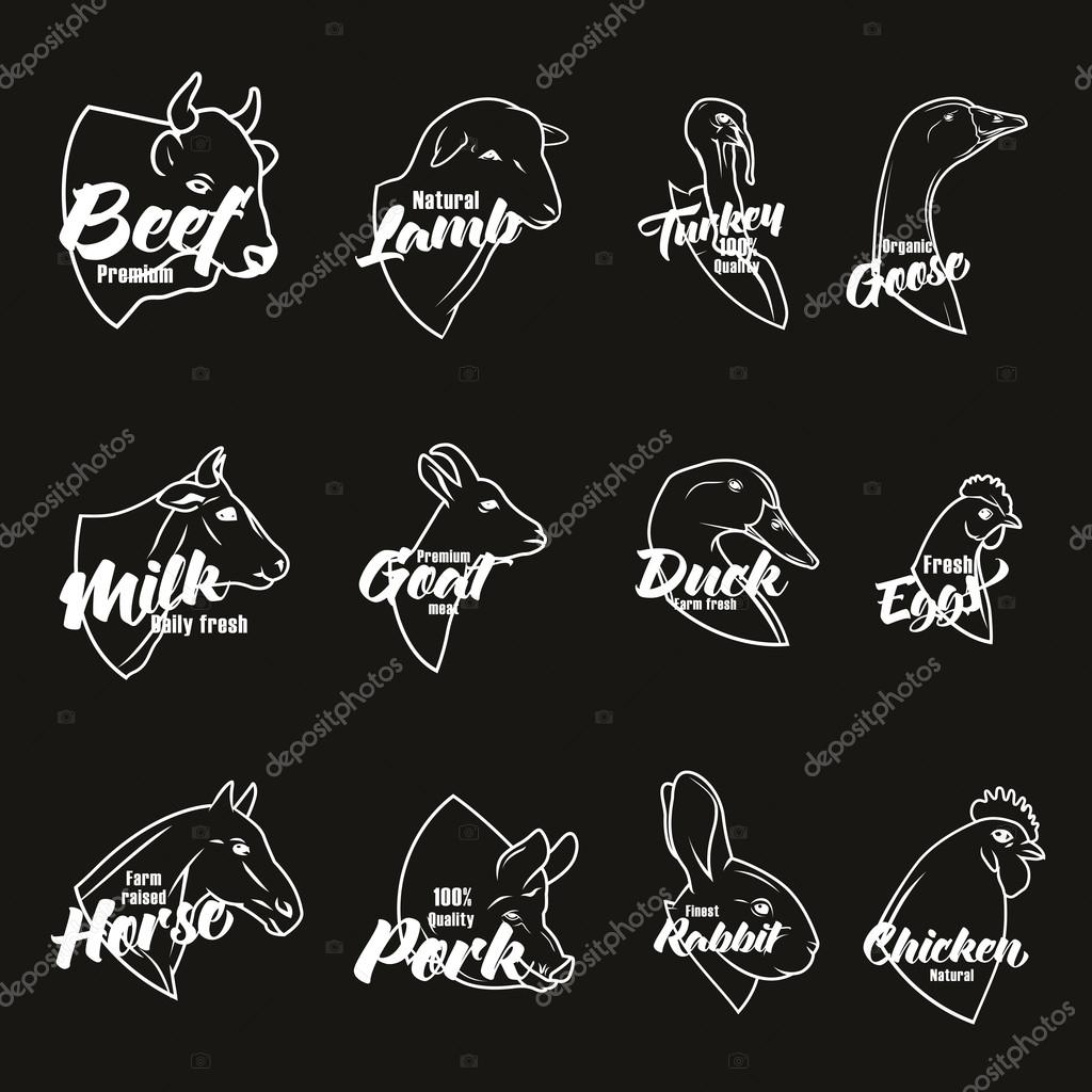 Farm animal head icon set. Butchery logo and label collection. Vector illustration on blackboard