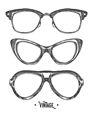El hipster gözlük çekilmiş. Vintage vektör çizim. Kroki 