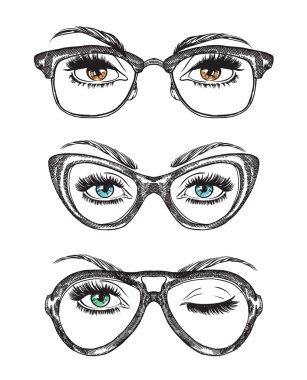 Hand drawn women's eyes with vintage glasses clipart