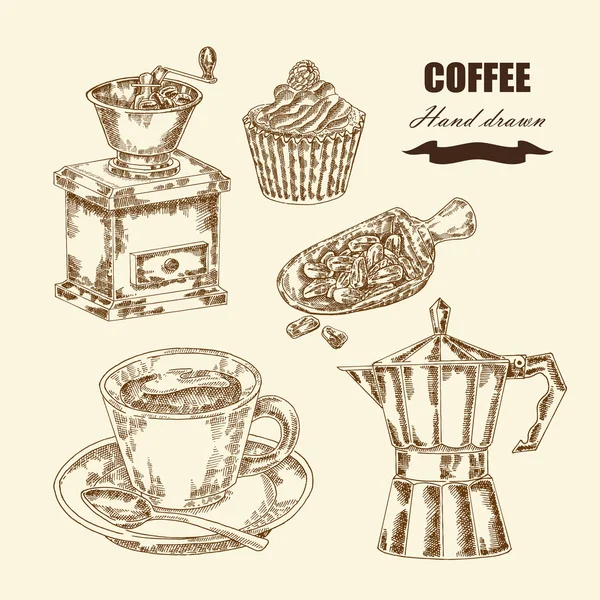 Tangan digambar set kopi. Ilustrasi vektor dalam gaya sketsa - Stok Vektor