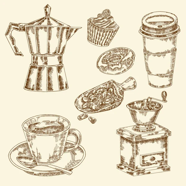 Set da caffè disegnato a mano. Illustrazione vettoriale in stile schizzo — Vettoriale Stock