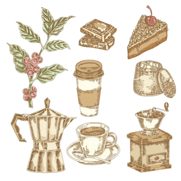Set de café dibujado a mano. Ilustración vectorial en estilo de boceto — Archivo Imágenes Vectoriales