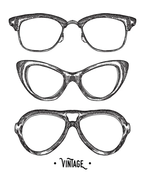 手には、流行に敏感なメガネが描画されます。ビンテージ ベクトルの図。スケッチ — ストックベクタ