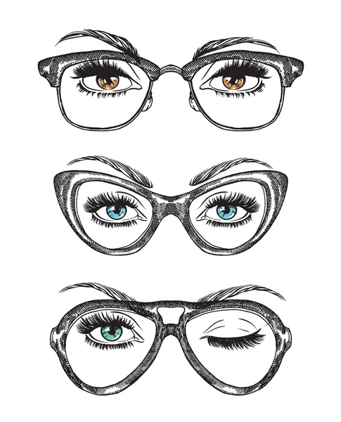 Yeux de femmes dessinés à la main avec des lunettes vintage — Image vectorielle