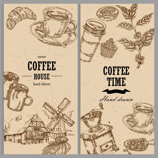 Bandeiras verticais de café desenhadas à mão. Conjunto de fundo café . —  Vetores de Stock