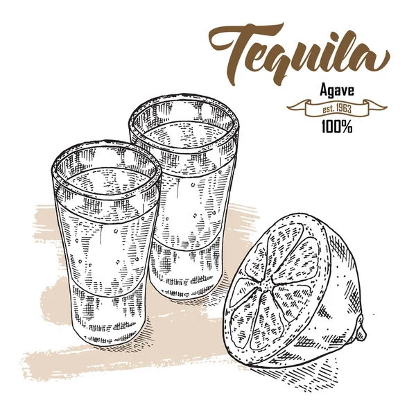 Um copo de tequila. Mão desenhado dois copos de tequila. Engrav — Vetor de Stock
