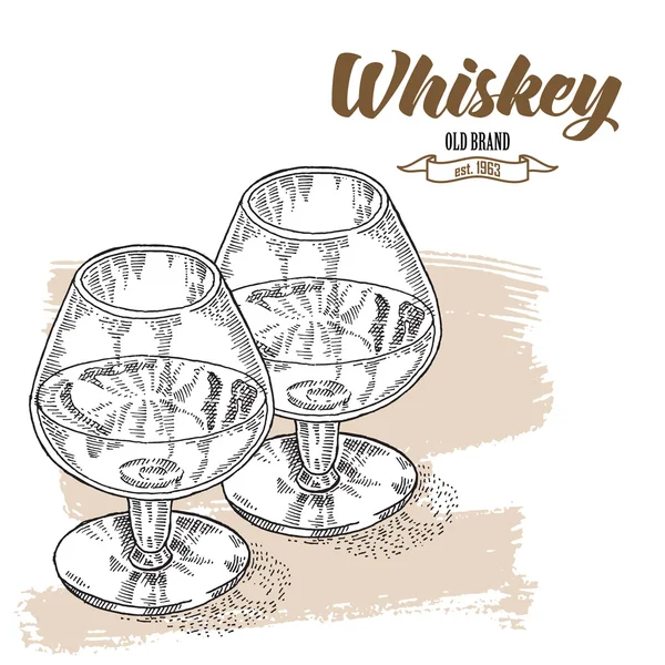 Whiskey drink. Hand drawn two glasses of whiskey. Engraving style — Stok Vektör