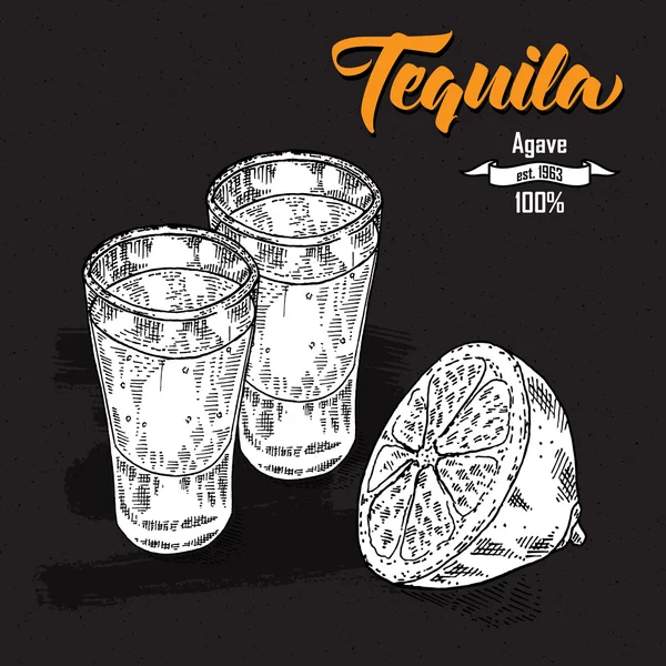 Shot of tequila drink. Hand drawn two glasses of tequila. Engraved — ストックベクタ