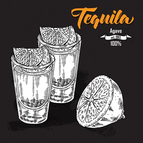 Shot of tequila drink. Hand drawn two glasses of tequila. Engraved — Stockvector