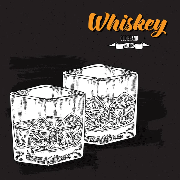 Bebida de whisky. Dibujado a mano dos vasos de whisky. Grabado — Archivo Imágenes Vectoriales