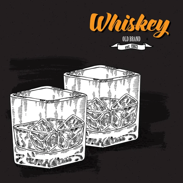 Bebida de whisky. Dibujado a mano dos vasos de whisky. Grabado — Vector de stock