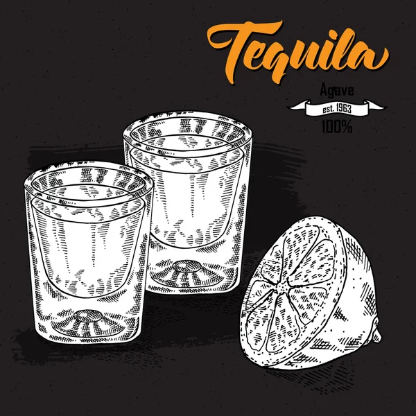 Shot of tequila drink. Hand drawn two glasses of tequila. Engraved — 图库矢量图片