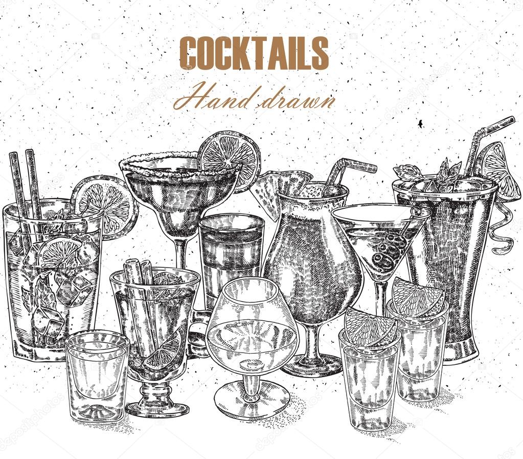 Hand drawn drinks illustration. Vector design vintage beverages in sketch style. Alcoholic cocktails set