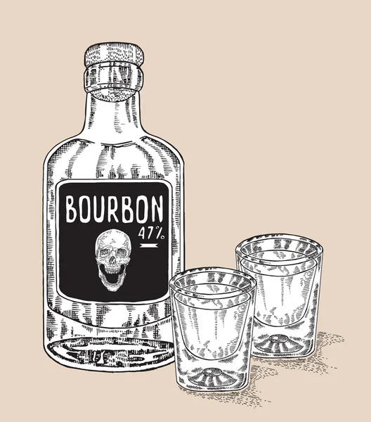 Uma garrafa de uísque. Mão desenhado dois copos de uísque. Bourbon — Vetor de Stock