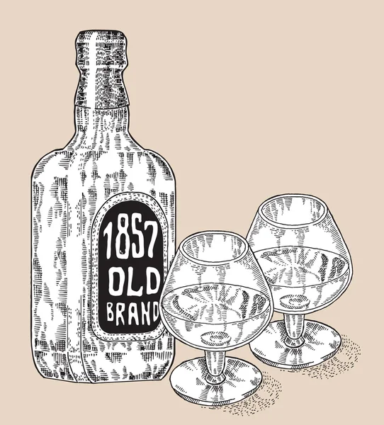 Una botella de whisky. Dibujado a mano dos vasos de whisky. Grabado — Archivo Imágenes Vectoriales