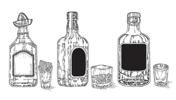 Três garrafas com álcool forte. Uísque desenhado à mão e tequila — Vetor de Stock