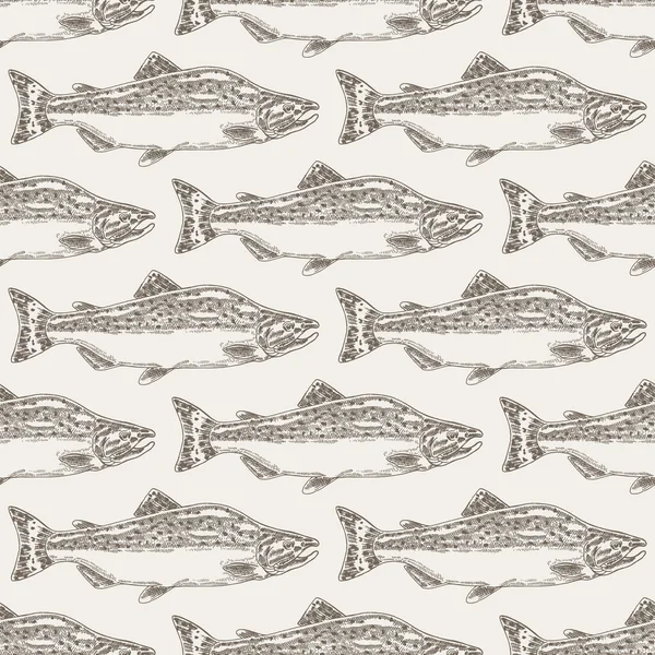 Handgezeichneter Lachsfisch nahtloser Hintergrund. Vektorillustration — Stockvektor