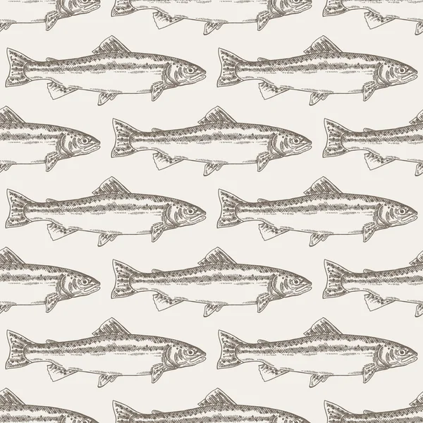 Handgezeichnete Forellenfische nahtloser Hintergrund. Vektorillustration — Stockvektor