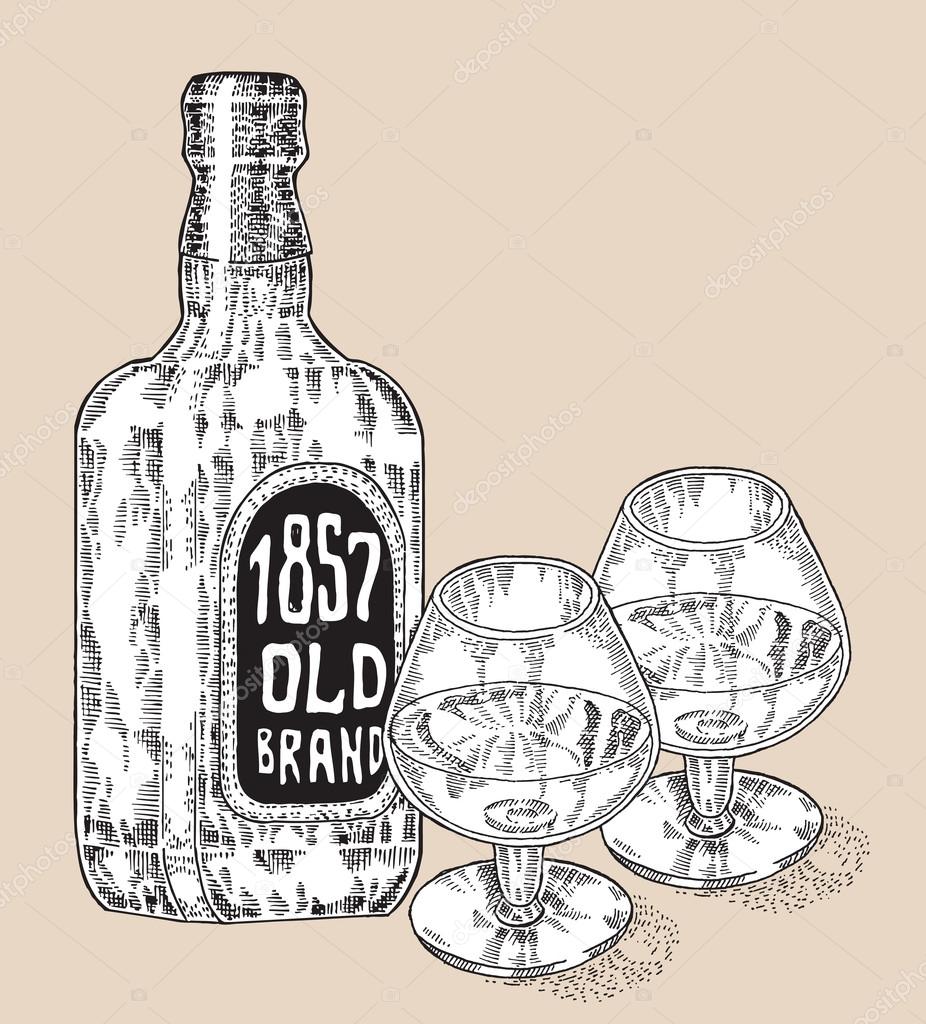 Flasche Whisky trinken. Handgezeichnete zwei Gläser Whisky. Graviert ... Flasche Whisky trinken. Handgezeichnete zwei Gläser Whisky. Graviert ...