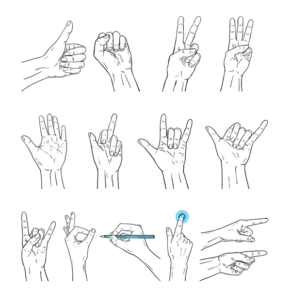 Vektor-Zeichengesten gesetzt. Illustration menschlicher Hände — Stockvektor