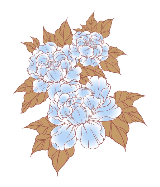 Peonías dibujadas a mano en estilo tradicional de tatuaje japonés. Composición floral en estilo boho vintage. Ilustración vectorial — Archivo Imágenes Vectoriales