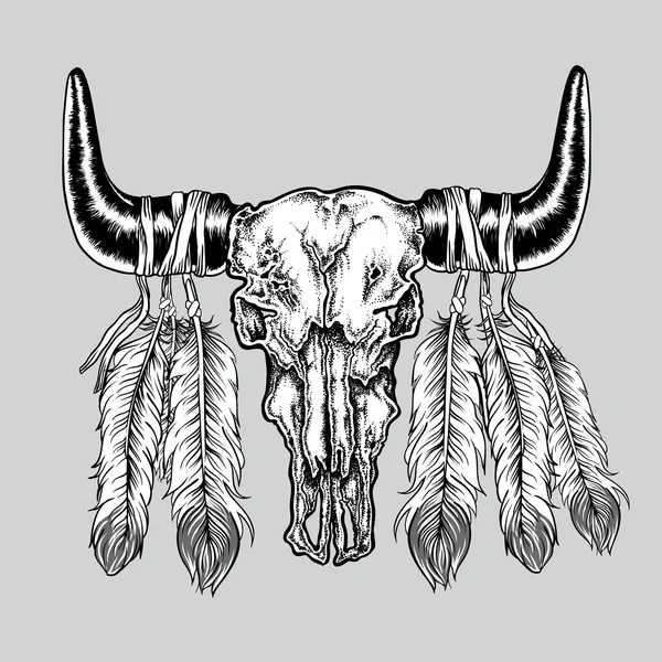 Ręcznie rysowane dot pracy tatuaż czaszki na buffalo z piór. Native american art w stylu vintage boho. Wektor ilustracja na białym tle — Wektor stockowy