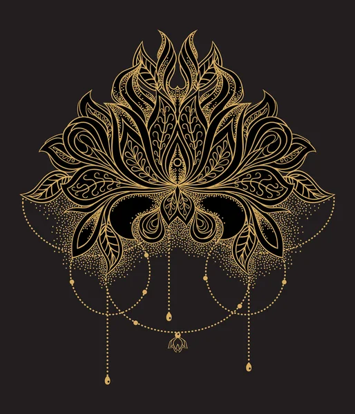 Güzel el çekilmiş süs altın lotus çiçeği. Etnik desenli mandala
