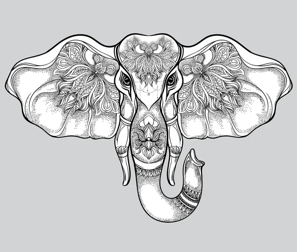 Cabeza de elefante dibujada a mano con patrón mandala. Ilustración vectorial — Archivo Imágenes Vectoriales