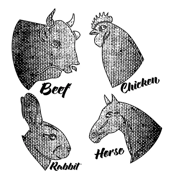 ファーム動物の頭のアイコンを設定します。肉屋のロゴとラベル コレクション. — ストックベクタ